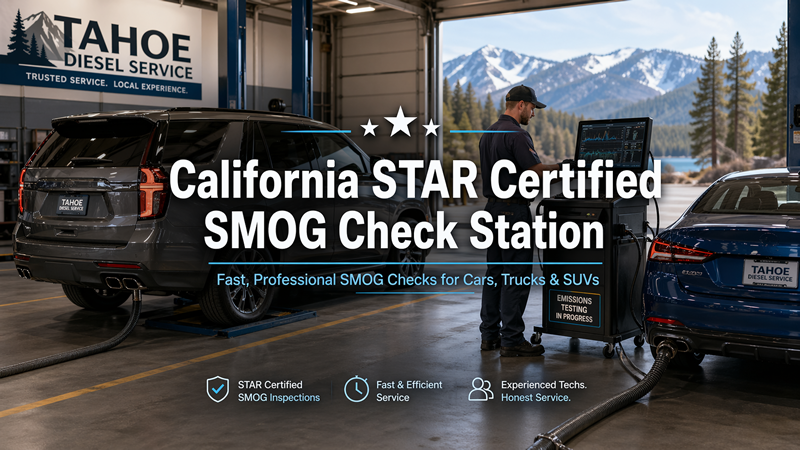 photo shows California STAR Certified SMOG Check Station at Tahoe Diesel Service with professional emissions testing for cars, trucks, and SUVs.